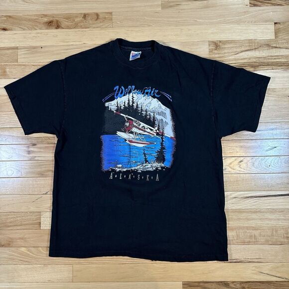 Vintage Willow Air Alaska Shirt Mens XL Black Single Stitch Sea Plane 90s - Picture 1 of 3